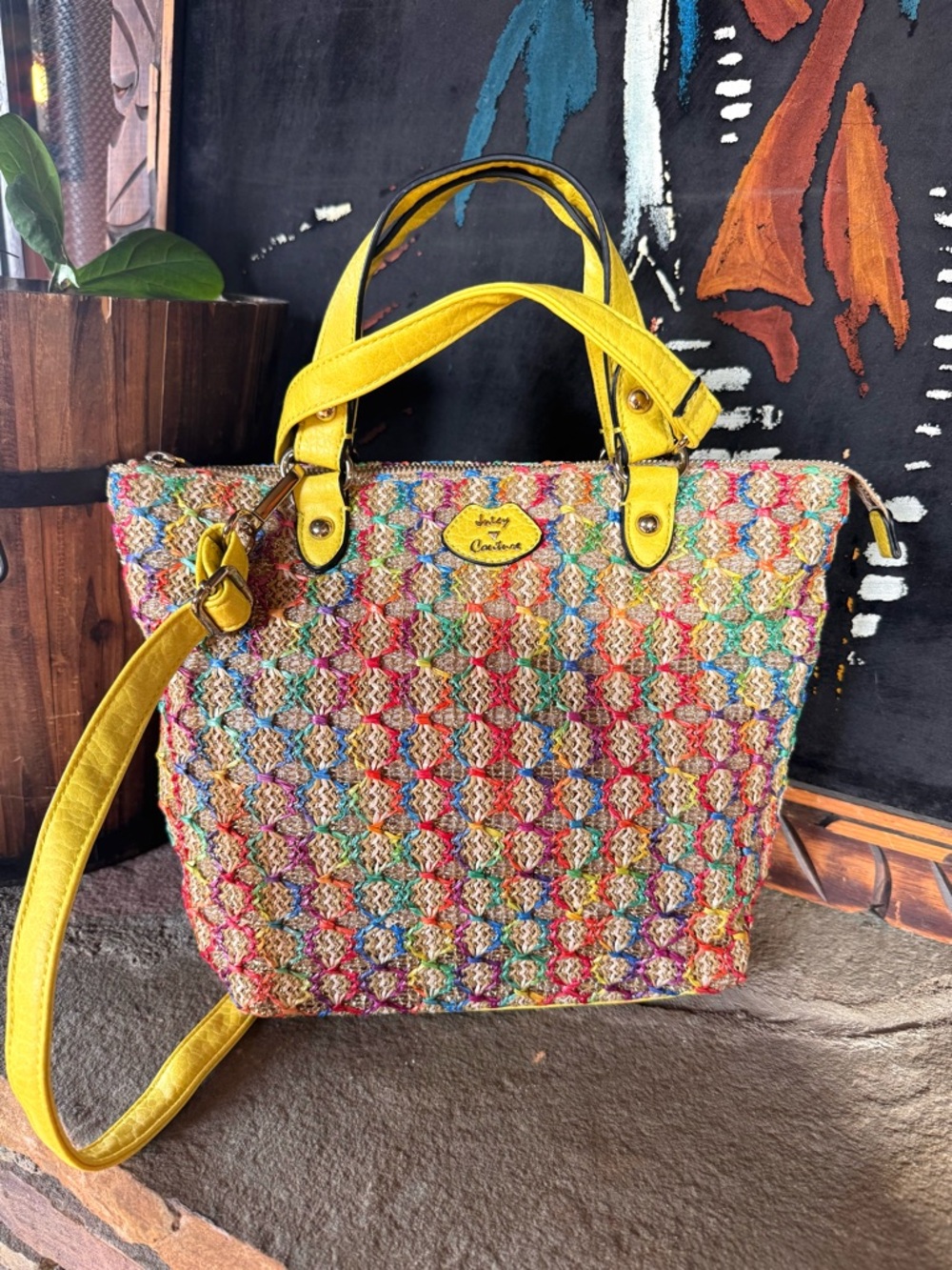 Juicy Couture Yellow-Accent Multicolor Woven Tote